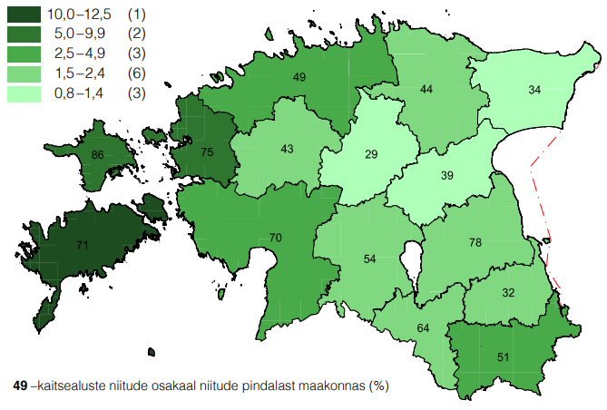 kaitsealuste niitude osakaal niitude pindalast maakonnas