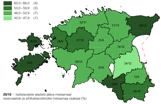 maakondade metsasus koos kaitstavatele aladele jääva metsamaa ning loodusreservaatidesse ja sihtkaitsevöönditesse kuuluva metsamaa osakaaluga maakonna metsadest