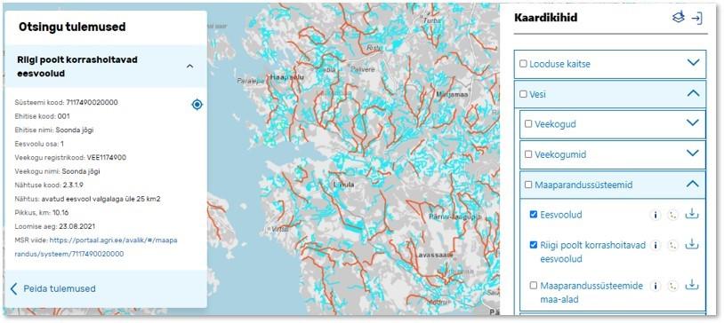 kuvalõige andmed ja kaart lehelt maaparandussüsteemide kihile