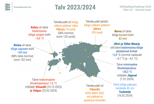 Eesti kaart kus on ära toodud eelmise talevehooaja kõige põnevamad ilmafaktid ja rekordid